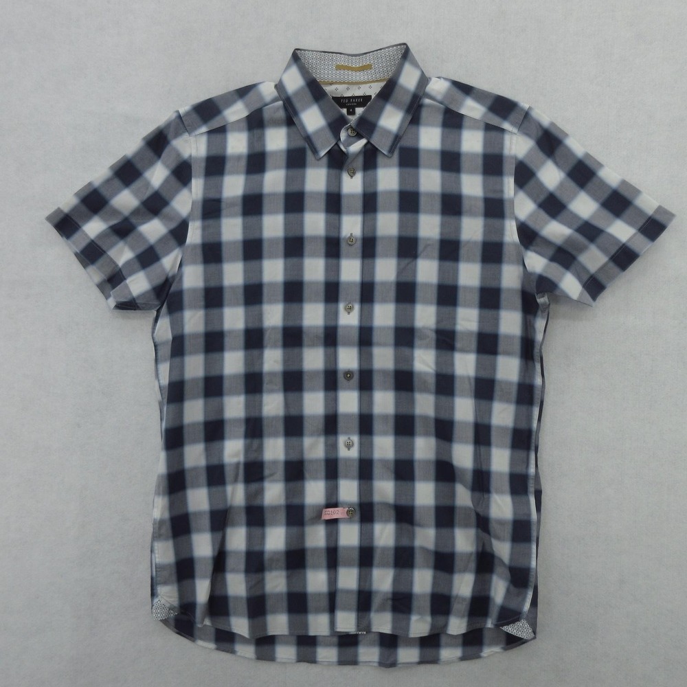Ted Baker Shirt Mens Large Blue Check Cotton Short Sleeve Button Up Casual